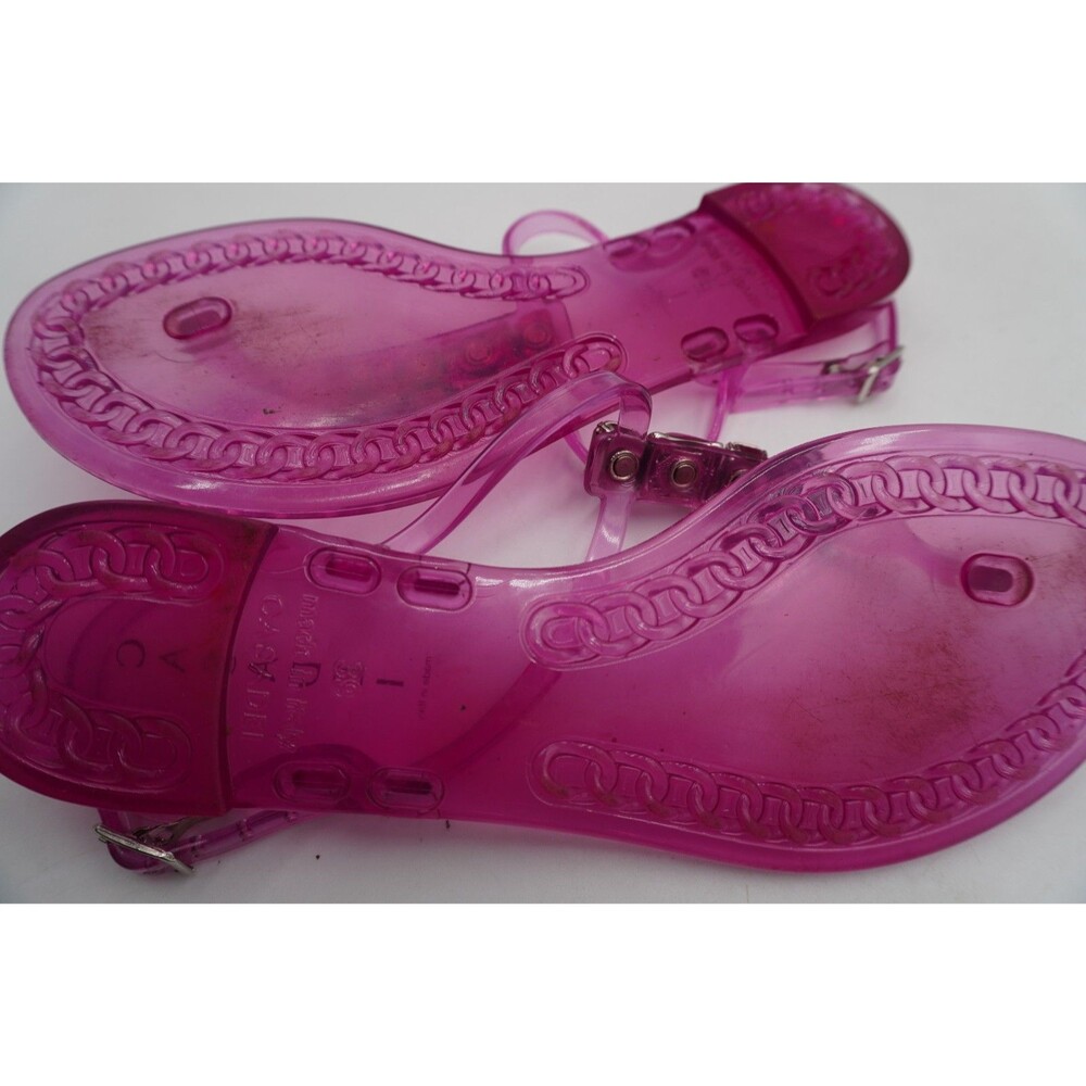 Casadei Pink Crystal Embellished Chain Decor Shiny PVC Jelly T-Bar Sandal Sz 39 - Picture 8 of 8